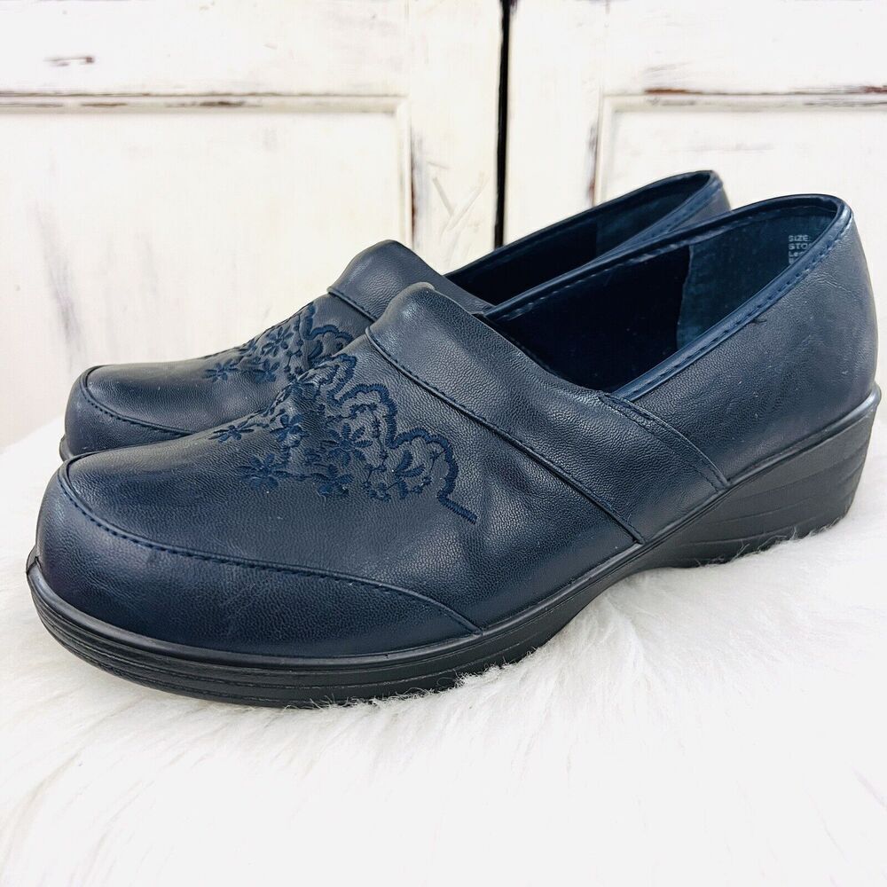 Ingaro Katy 2 Blue Leather Floral Embroidered Slip on Comfort Clogs Nursing 10M